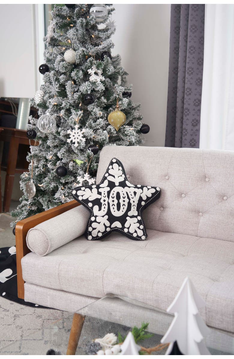 carol & frank Onyx "Joy" Snowflakes Star Shaped Cotton Blend Christmas Accent Throw Pillow 16" x 18", Alternate, color, Black