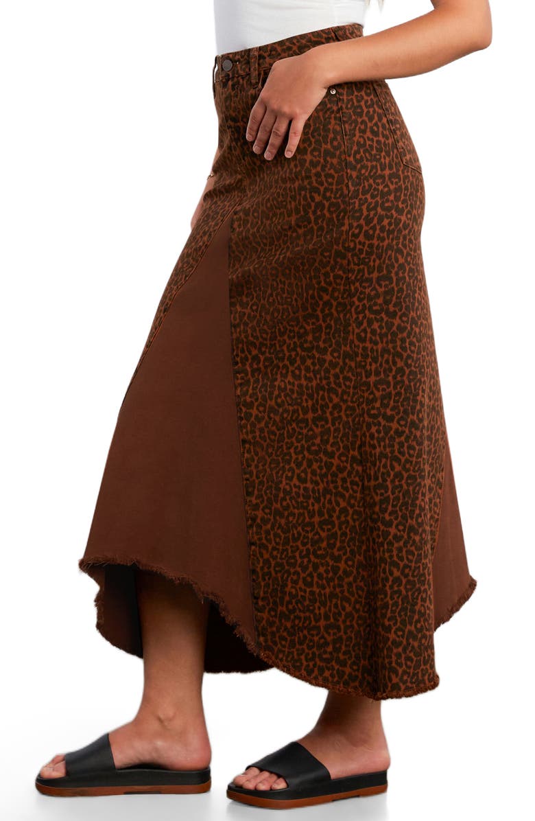 Wash Lab Denim Leopard Print Pieced Denim Midi Skirt, Alternate, color, Brown Leopard