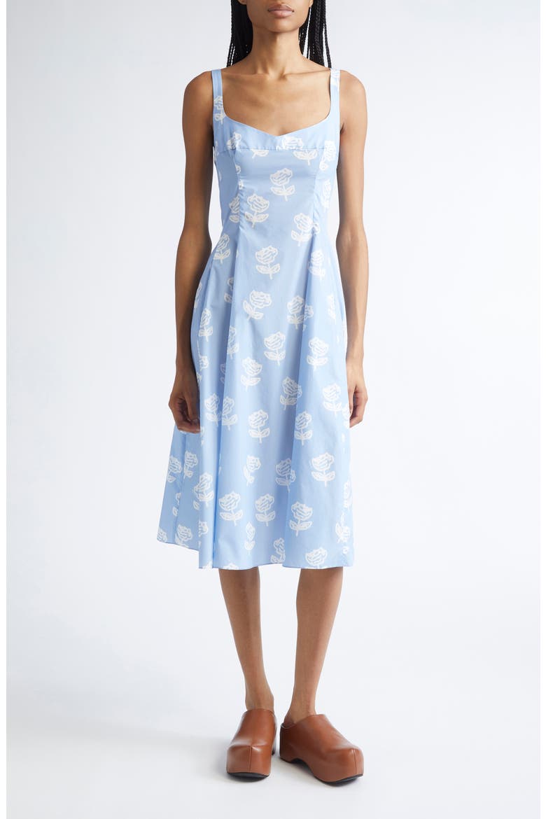 Sprayed Roses Fit & Flare Cotton Poplin Midi Dress, Main, color, SRB50 IRIS BLUE