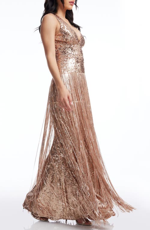 DRESS THE POPULATION DRESS THE POPULATION REIGN SEQUIN & METALLIC FRINGE GOWN