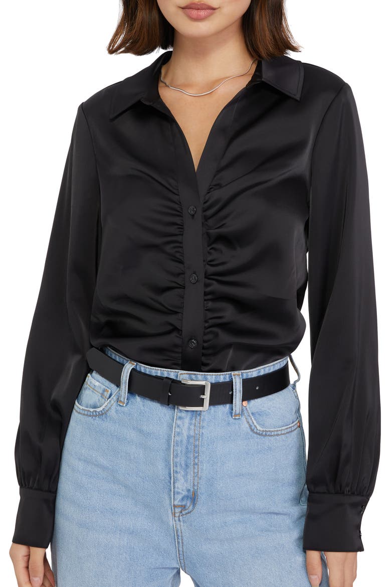 Time to Shine Ruched Satin Button-Up Shirt, Main, color, BLACK