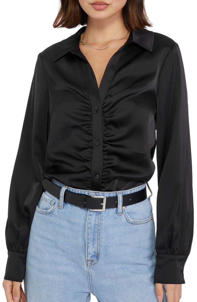 Sanctuary Time to Shine Ruched Satin Button-Up Shirt, Main, color, 