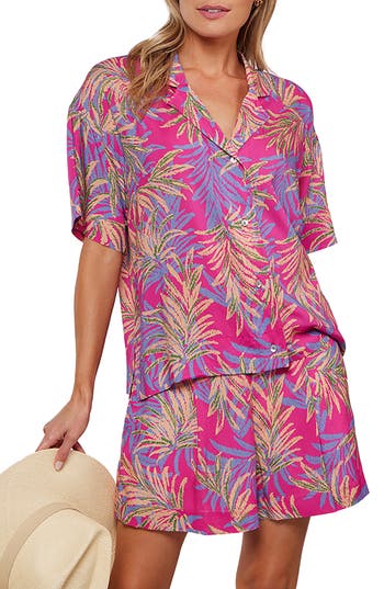 Matty M . Benson Short Sleeve Button Front Top In Multi