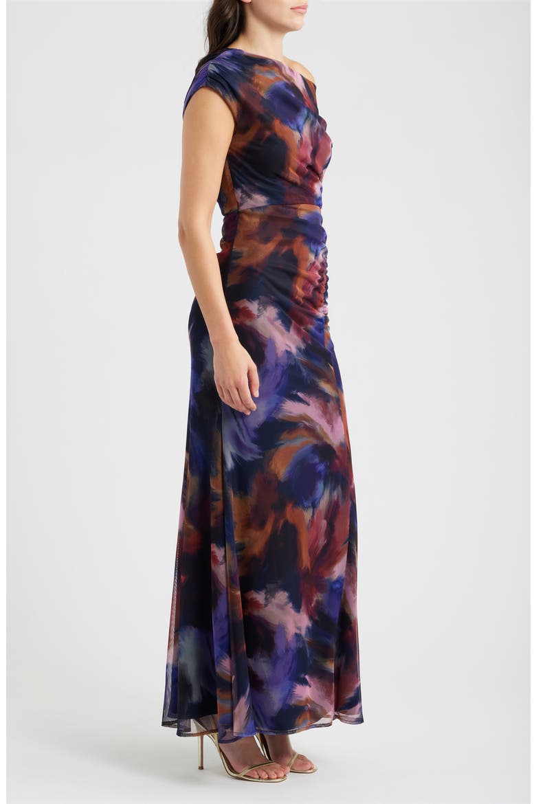 Asymmetric Ruched Mesh Gown, Alternate, color, NAVY MULTI