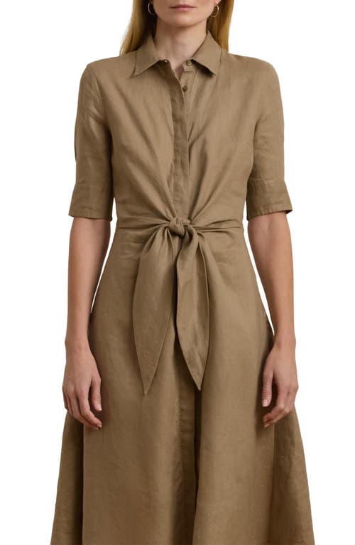 Ralph Lauren Tie-front Linen Shirtdress In Madison Tan