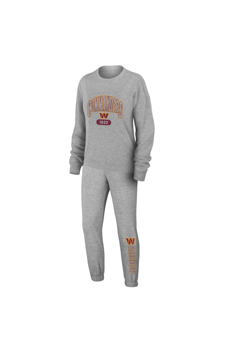 Women's WEAR by Erin Andrews Heather Gray Washington Commanders Knit Long Sleeve Tri-Blend T-Shirt & Pants Sleep Set, Main, color, Heather Gray