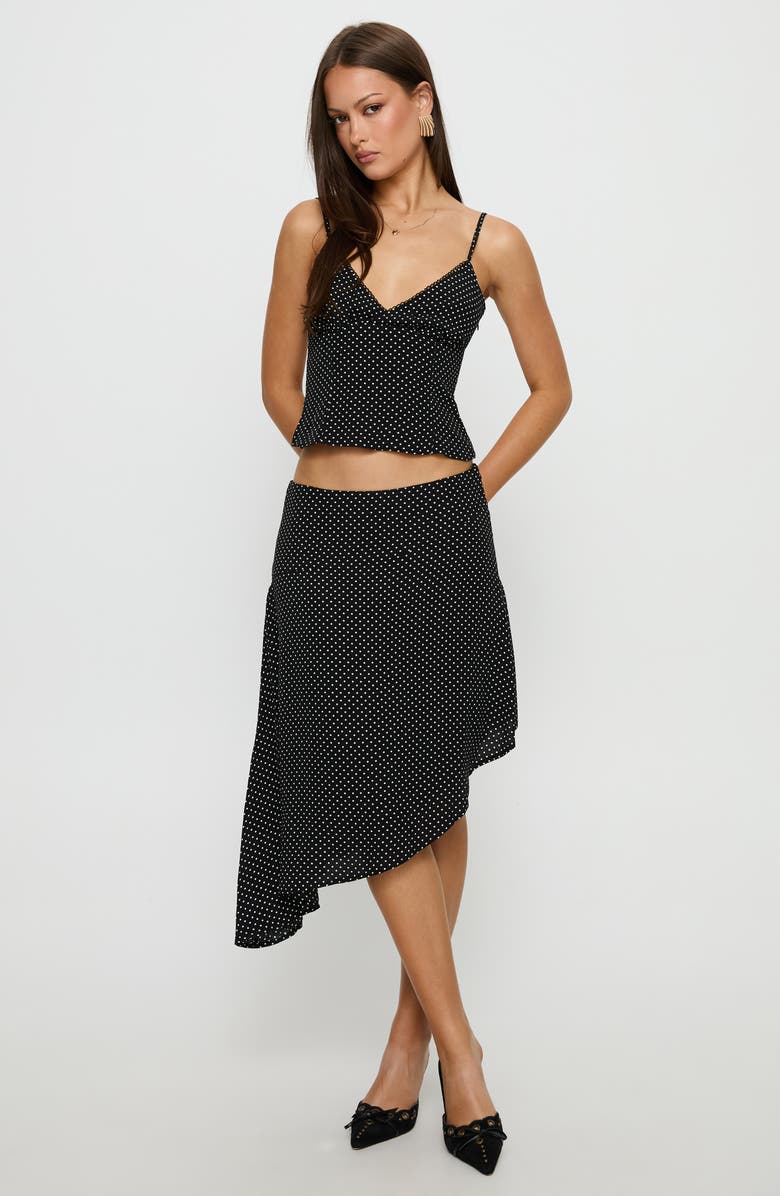 Princess Polly Cabernet Polka Dot Camisole & Asymmetric Skirt Set, Alternate, color, Black Polka