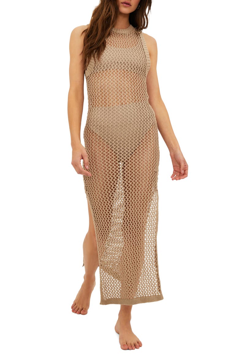 Holly Sheer Open Knit Cover-Up Dress, Main, color, TAN