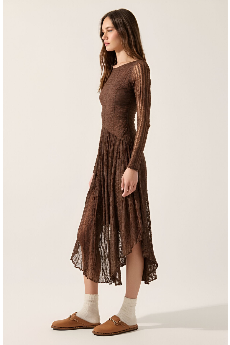 Mixed-Lace Paneled Boat-Neck Drop-Waist Midi Dress, Alternate, color, Brown