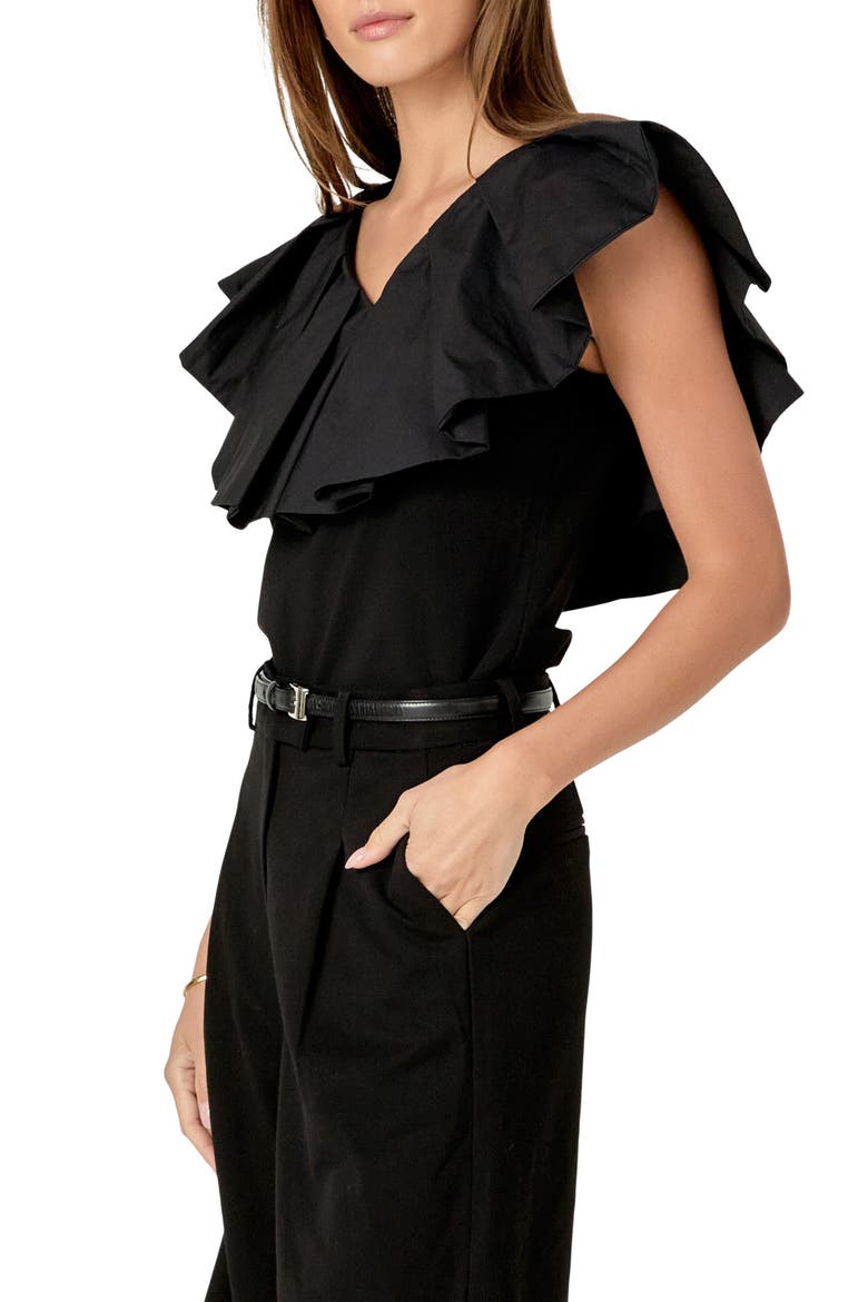 Mixed Media Ruffle Sleeveless Top, Alternate, color, BLACK
