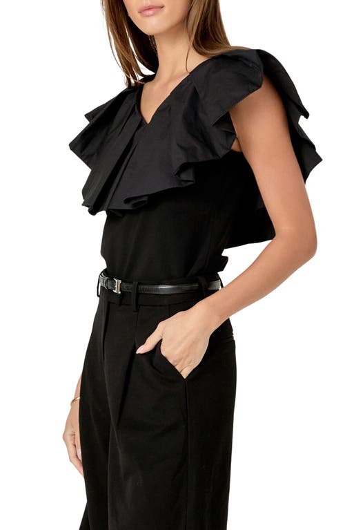 English Factory Mixed Media Ruffle Sleeveless Top In Black