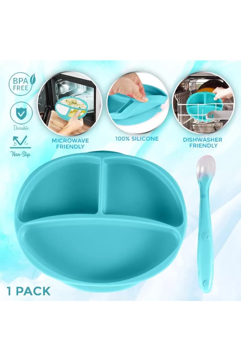 Silicone Suction Divided Plate and Spoon Toddler Training Self Feeding Set, Alternate, color, Blue