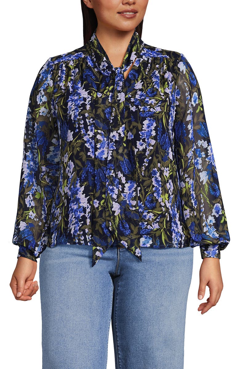 Lands' End Chiffon Removable Tie Neck Blouse, Main, color, Radiant Navy Multi Floral