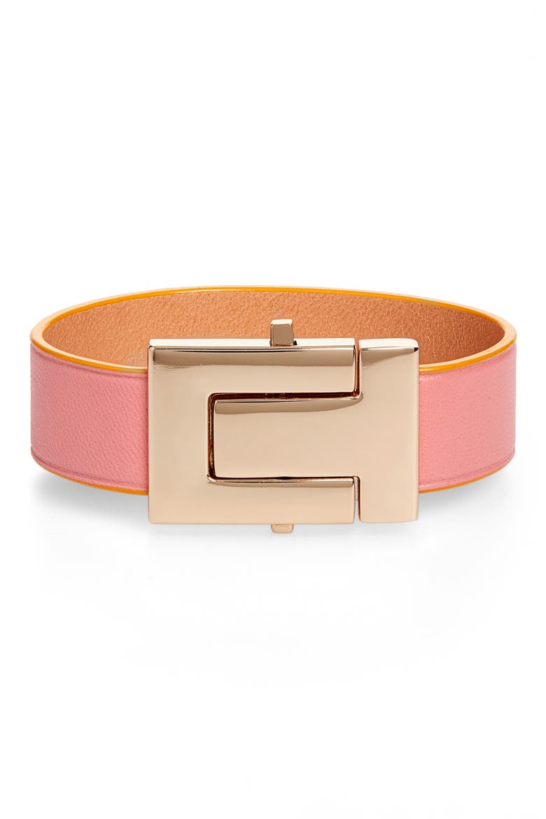 T-Leather Strap Bracelet, Main, color, TORY GOLD/ BUBBLEGUM
