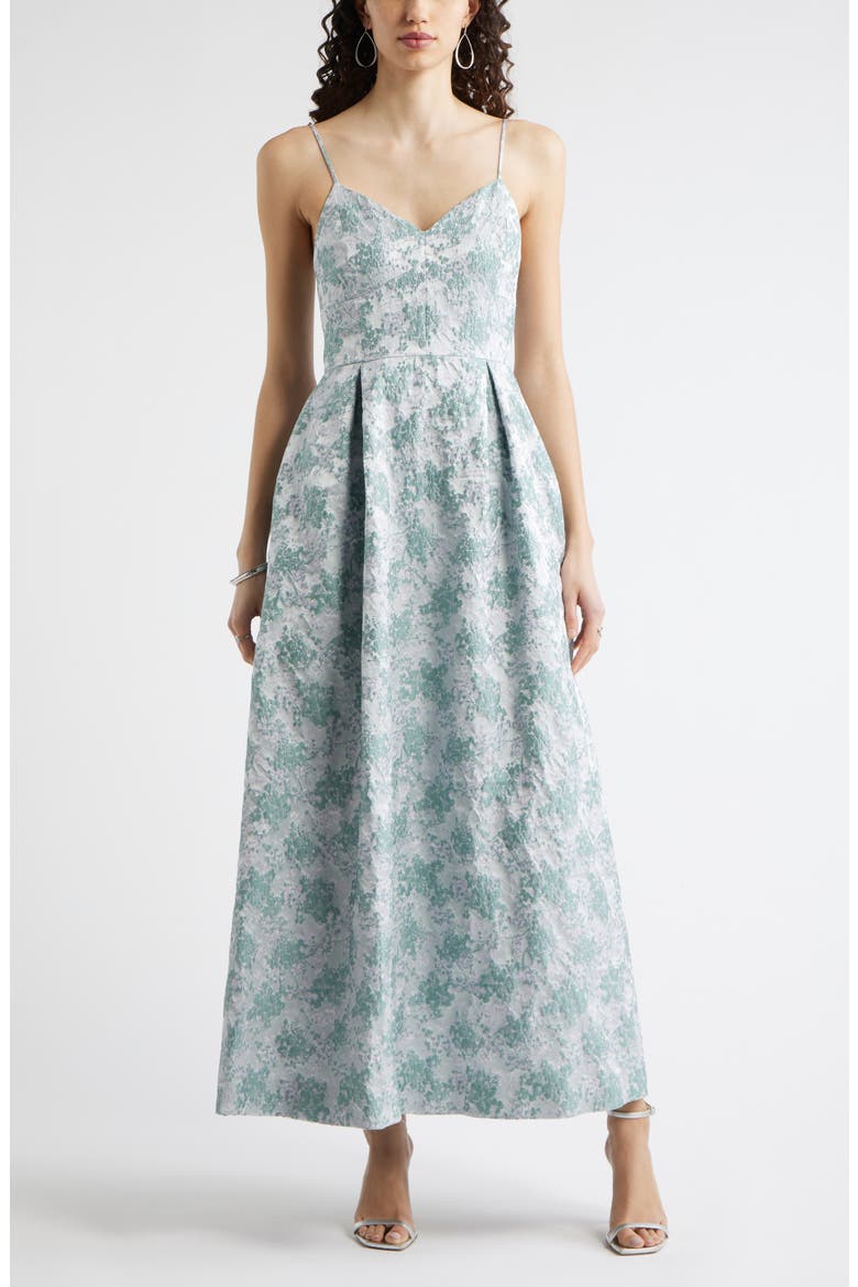 Seamed Bodice Jacquard Gown, Main, color, TEAL MULTI BROCADE