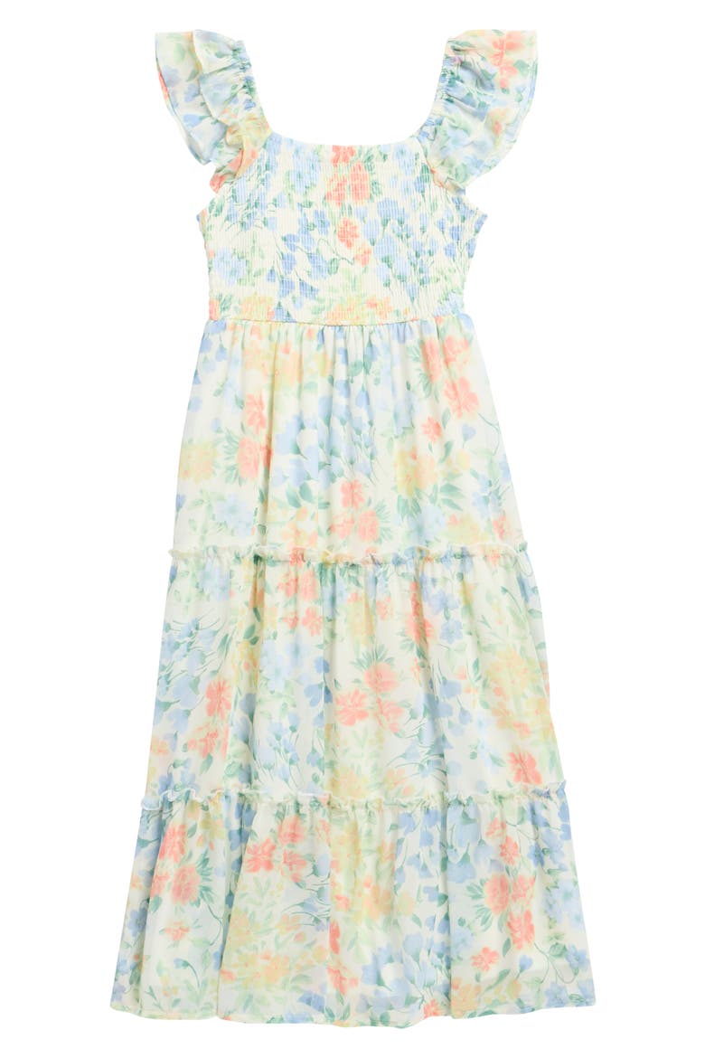 Kids' Floral Flutter Sleeve Smocked Dress, Main, color, BUTTER
