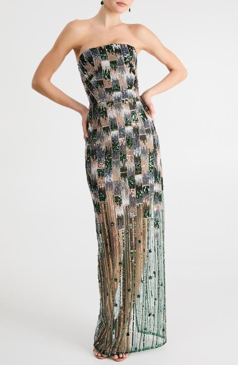 Cher Sequin Mixed Print Strapless Gown