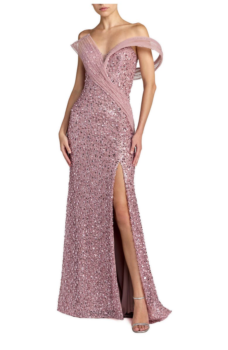 Mac Duggal Rosette Halter Chiffon Evening Gown, Main, color, Blush