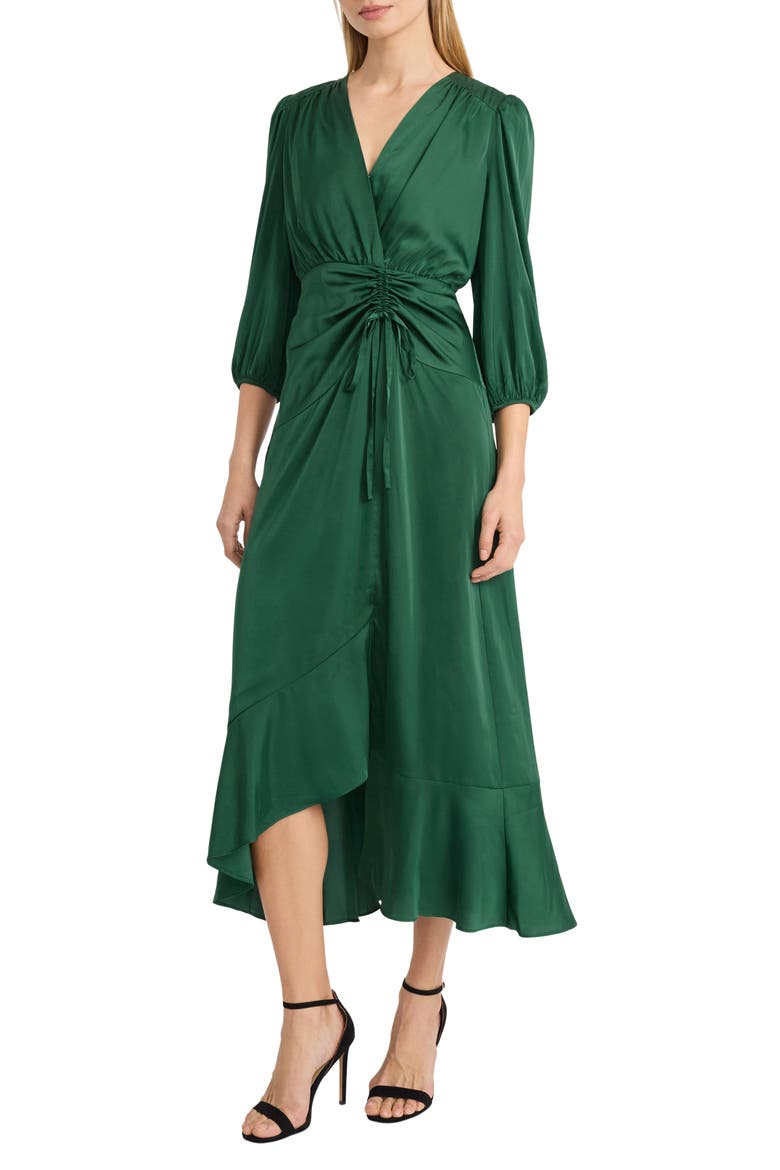 Three-Quarter Sleeve Faux Wrap Midi Dress, Alternate, color, DARK GREEN