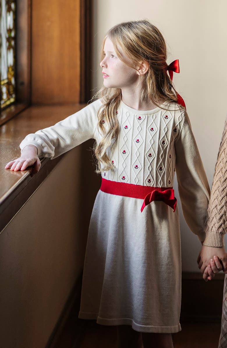 Hope & Henry Kids' Organic Embroidered Skater Sweater Dress with Bow, Alternate, color, Ivory With Red Flowers