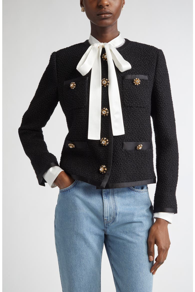 Bejeweled Button Crop Bouclé Tweed Jacket, Main, color, NERO