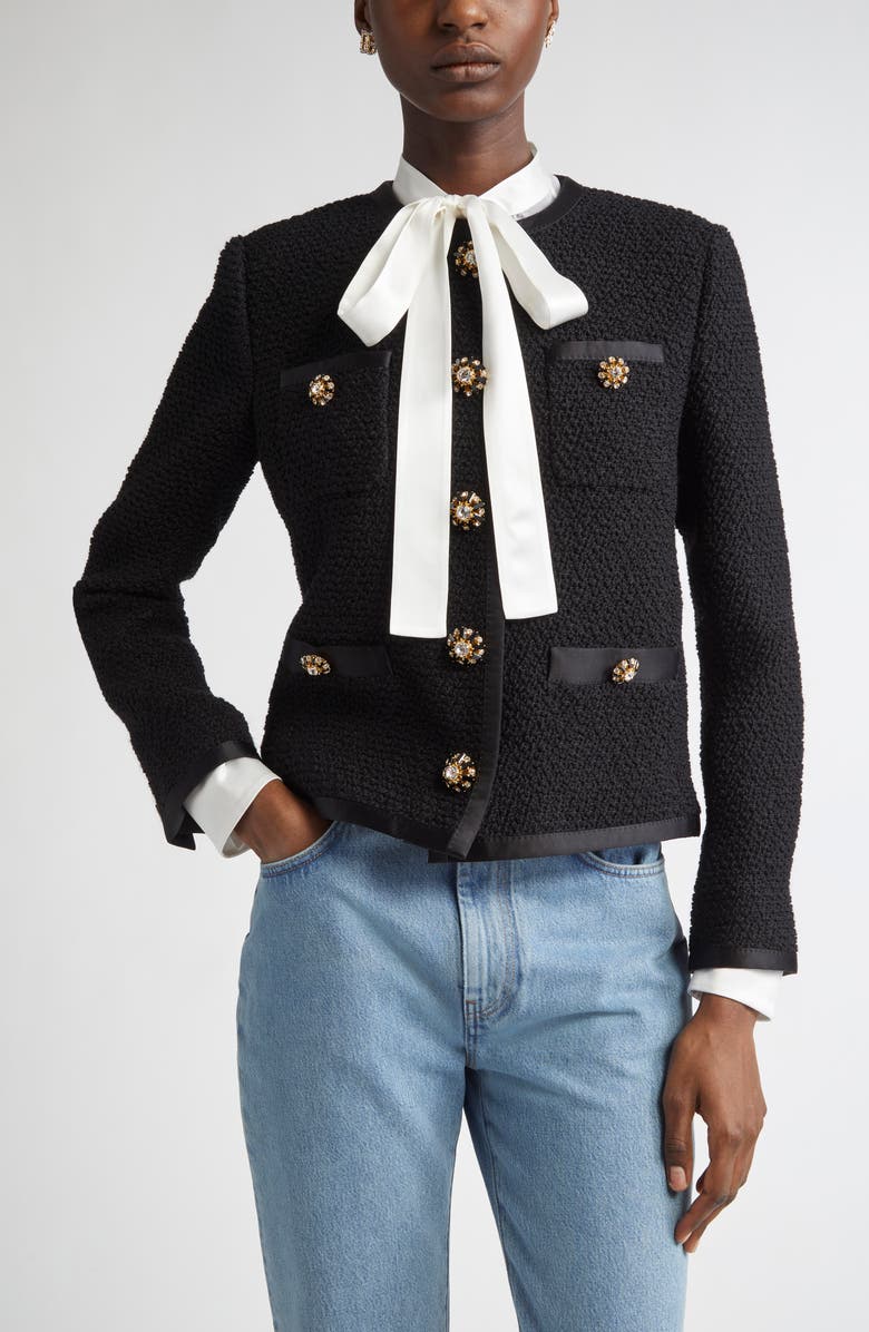 Dolce&Gabbana Bejeweled Button Crop Bouclé Tweed Jacket, Main, color, Nero