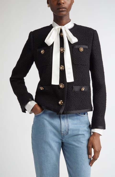 Bejeweled Button Crop Bouclé Tweed Jacket