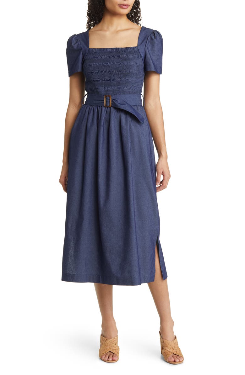 Tahari ASL Smocked Bodice Denim Midi Dress, Main, color, 