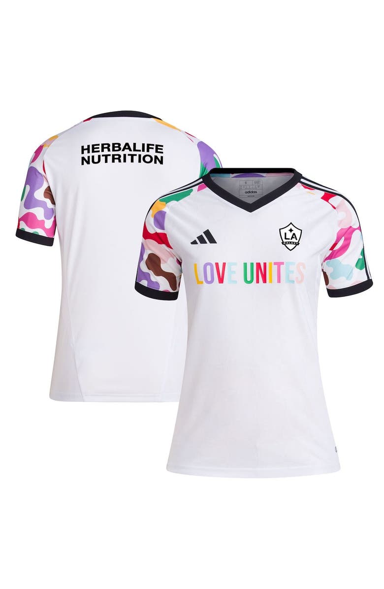 adidas Women's adidas White LA Galaxy 2023 Pride Pre-Match Top, Main, color, 
