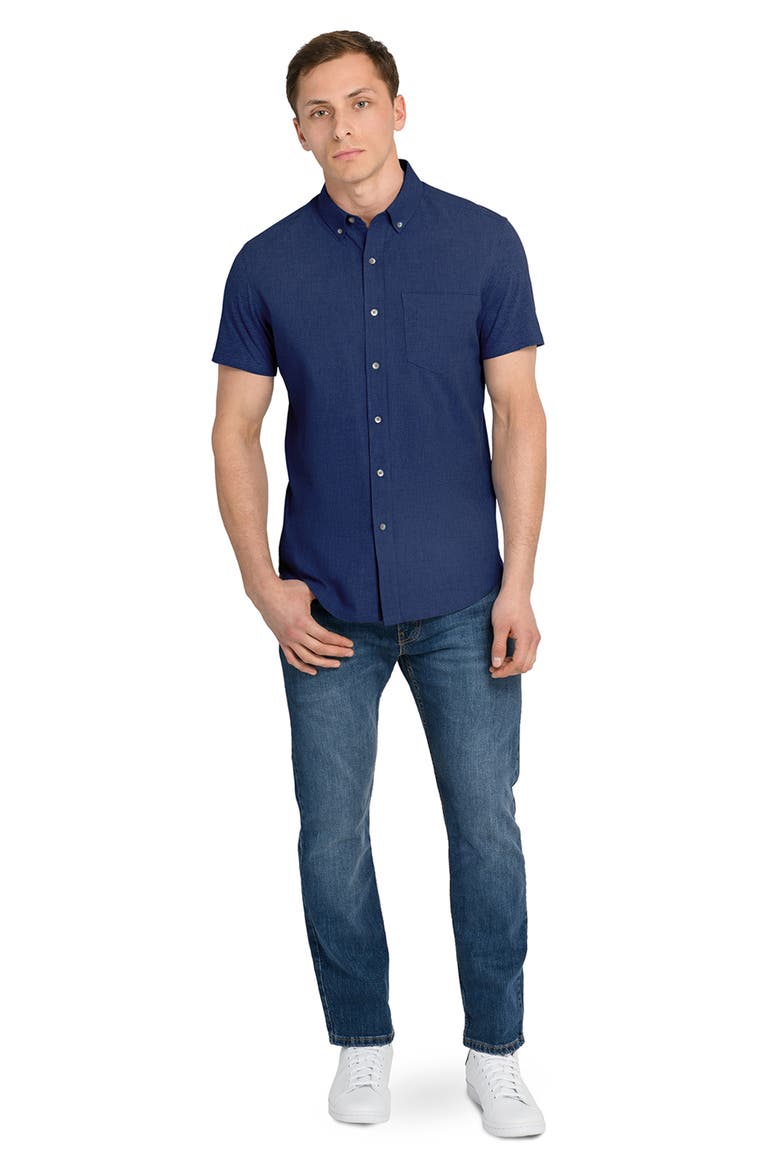 Reworked Slim Fit Solid Short Sleeve Cotton Button-Down Shirt, Alternate, color, NAVY