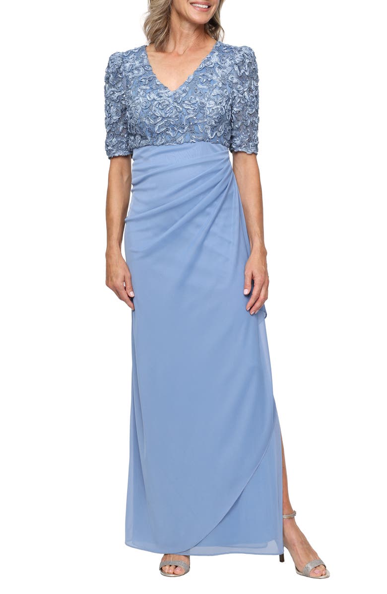 Alex Evenings Embellished Short Sleeve Empire Waist Gown, Main, color, Sky Blue