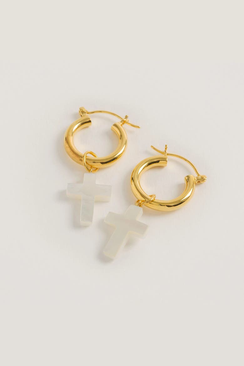 Gold Mini Hoops with Detachable Cross Charms, Alternate, color, Gold