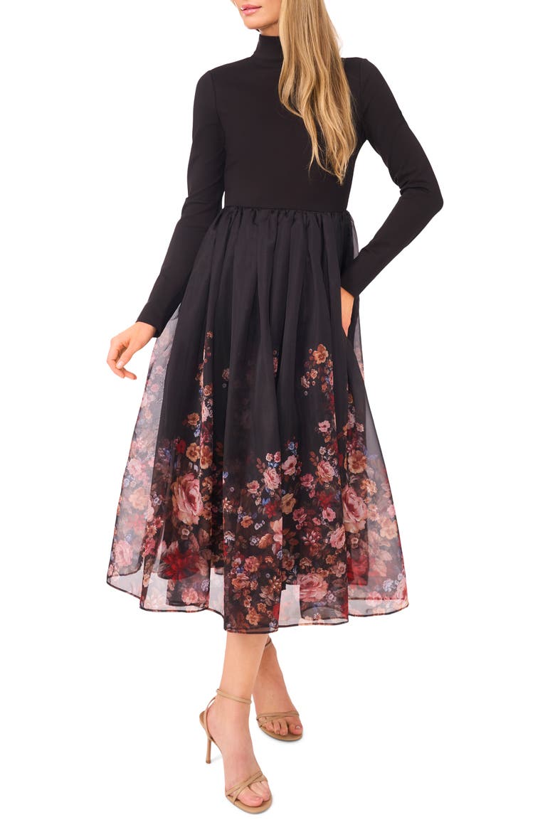 Floral Long Sleeve Mixed Media Dress, Main, color, RICH BLACK