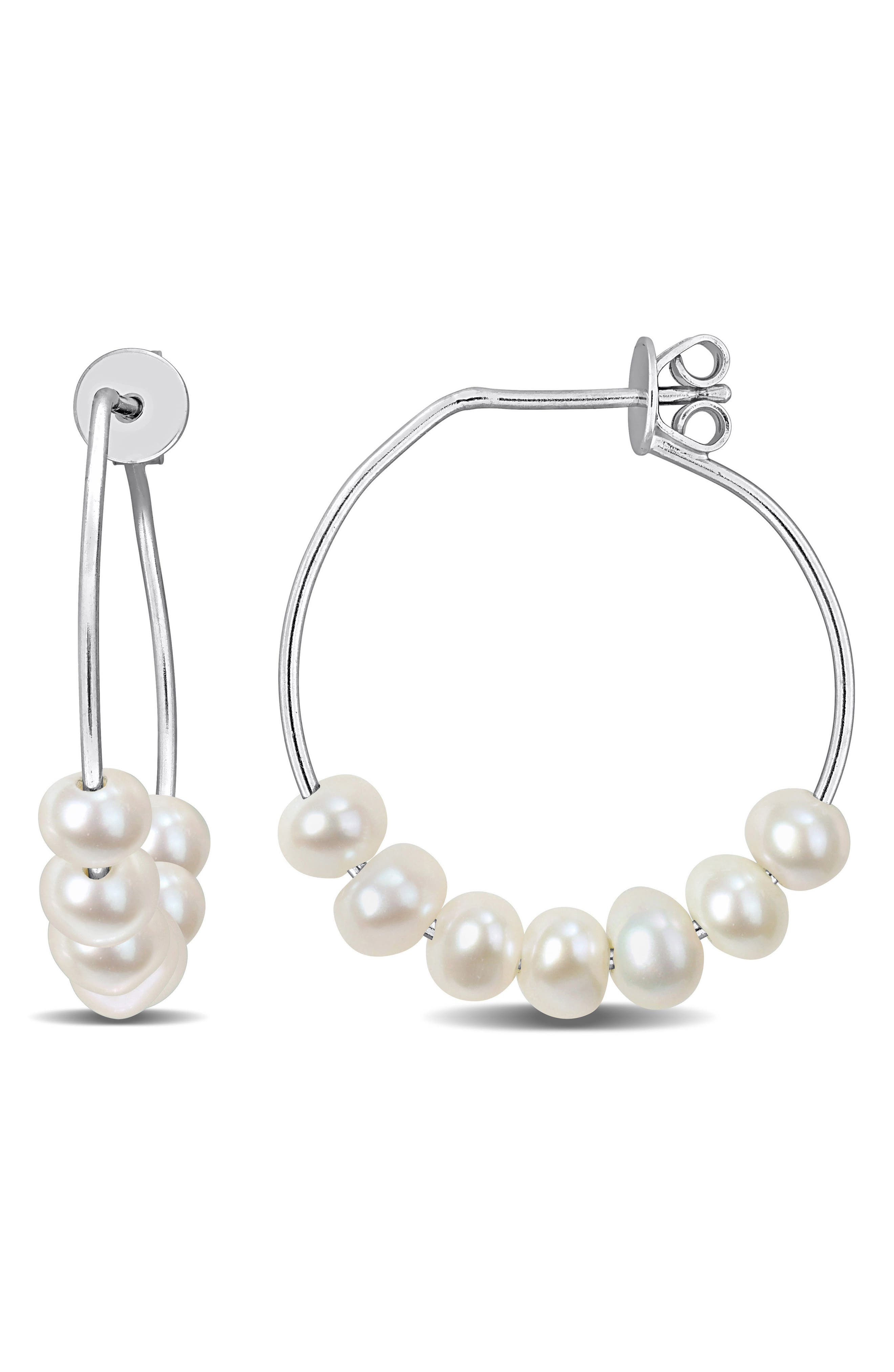 DELMAR Sterling Silver Cultured Freshwater Pearl Beaded Hoop Earrings