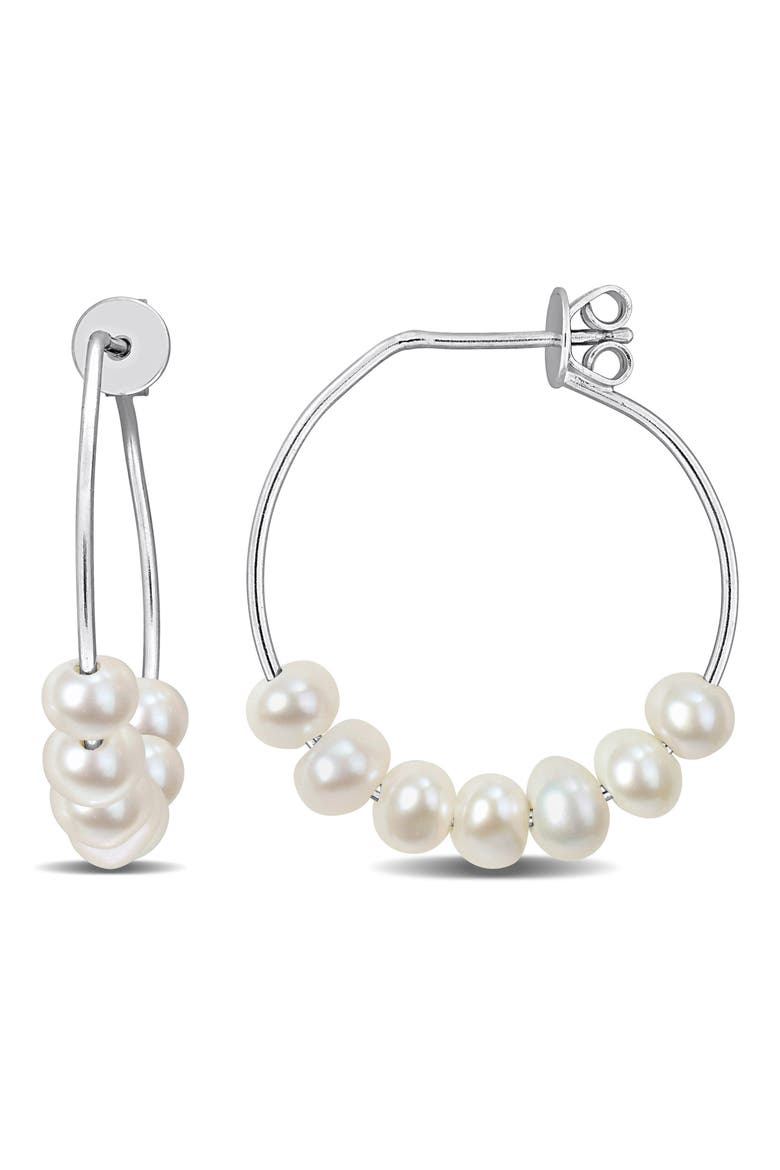 Sterling Silver Cultured Freshwater Pearl Beaded Hoop Earrings, Main, color, WHITE