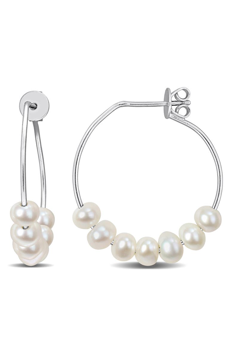 DELMAR Sterling Silver Cultured Freshwater Pearl Beaded Hoop Earrings, Main, color, White