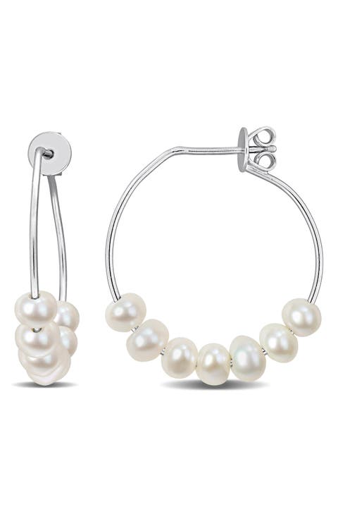 Sterling Silver Cultured Freshwater Pearl Beaded Hoop Earrings