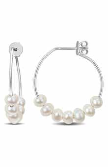 DELMAR Sterling Silver Cultured Freshwater Pearl Beaded Hoop Earrings