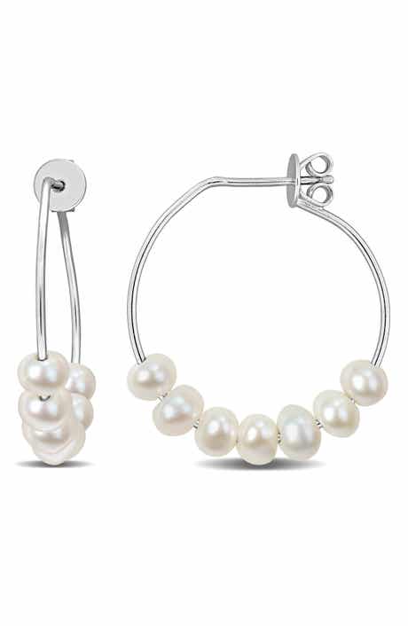 DELMAR Sterling Silver Cultured Freshwater Pearl Beaded Hoop Earrings