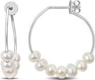 DELMAR Sterling Silver Cultured Freshwater Pearl Beaded Hoop Earrings