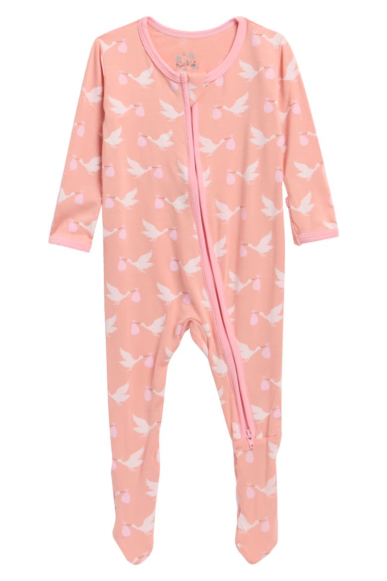 Stork Print Zip Fitted Fleece Footie, Main, color, BLUSH STORK