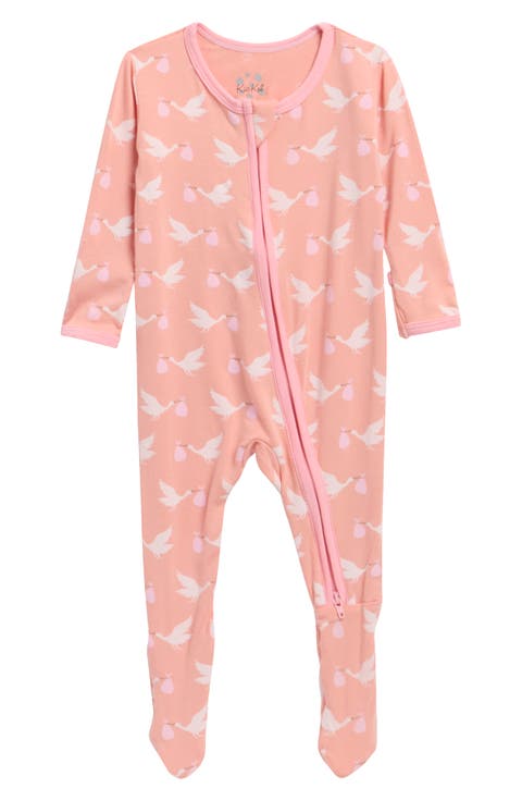 Stork Print Zip Fitted Fleece Footie