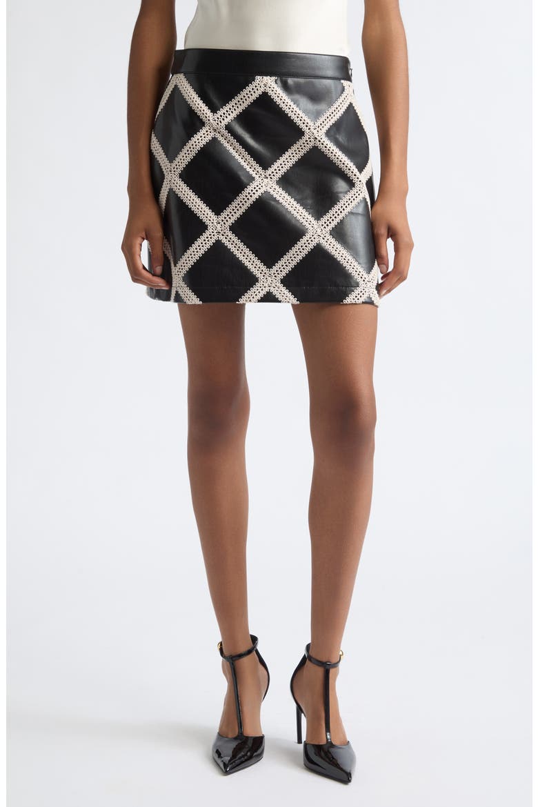 Audree Lattice Trim Faux Leather Miniskirt, Main, color, BLACK/ GARDENIA