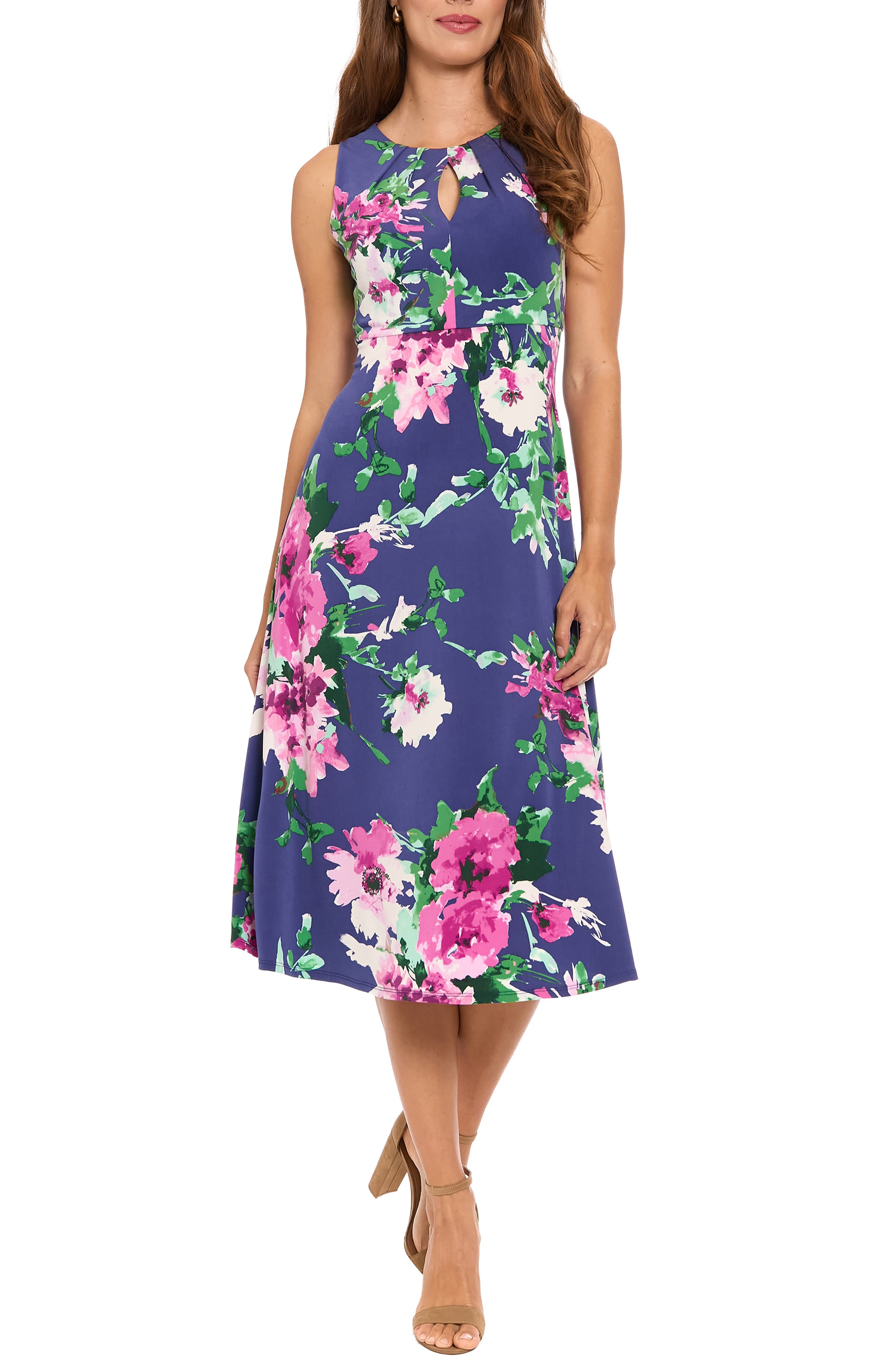 London Times Floral Keyhole A-Line Midi Dress