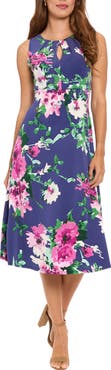 London Times Floral Keyhole A-Line Midi Dress