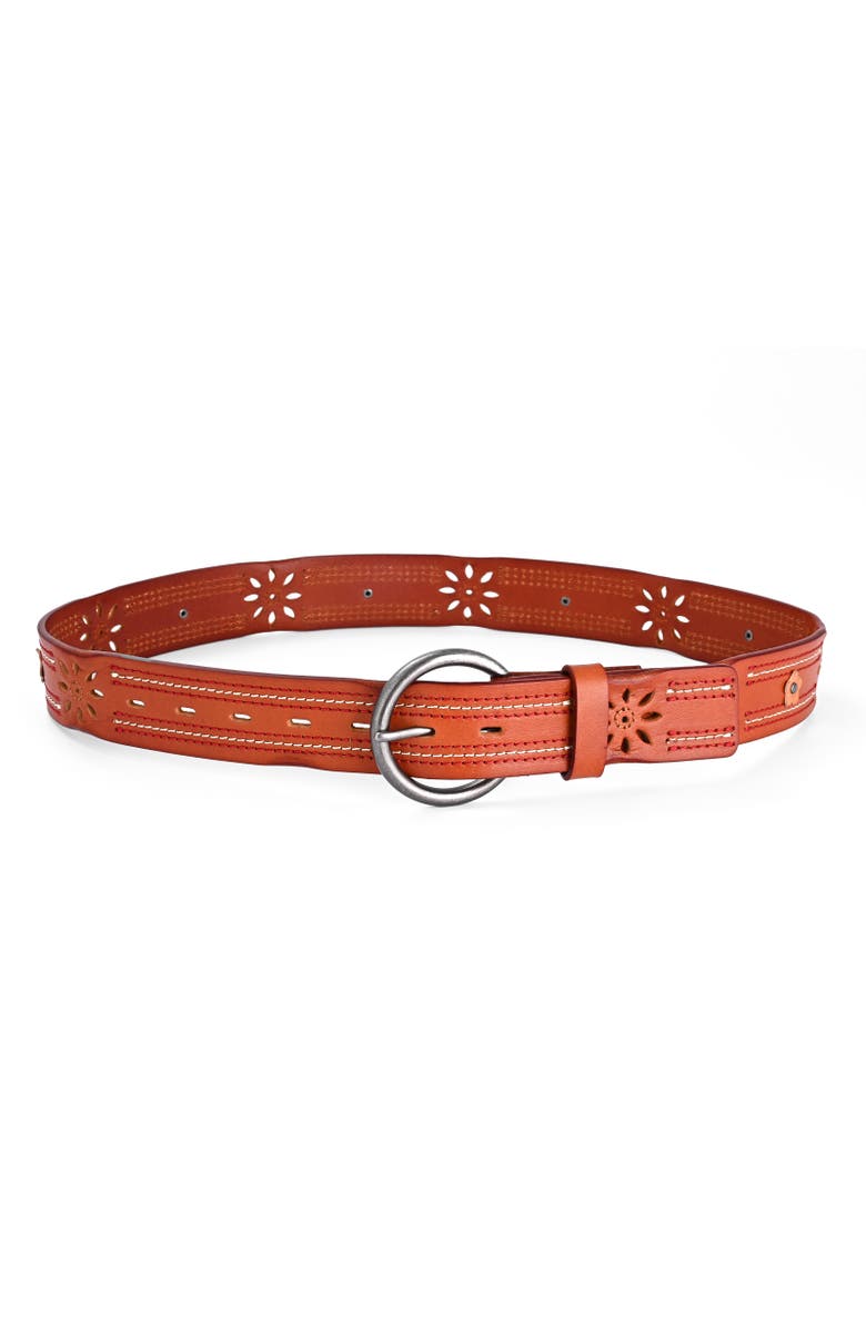 OLD TREND Blossom Genuine Leather Stitched Perforated Detail Belt, Alternate, color, Camel