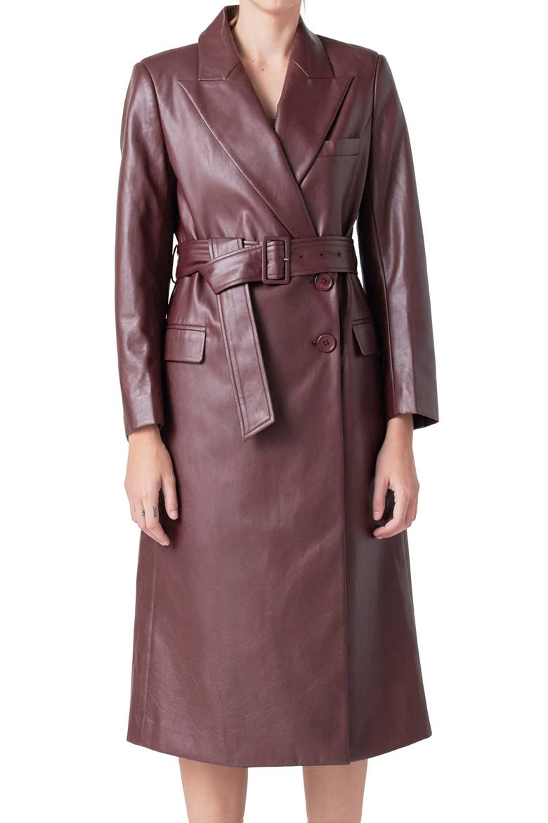 Faux Leather Belted Trench Coat, Alternate, color, BURGUNDY