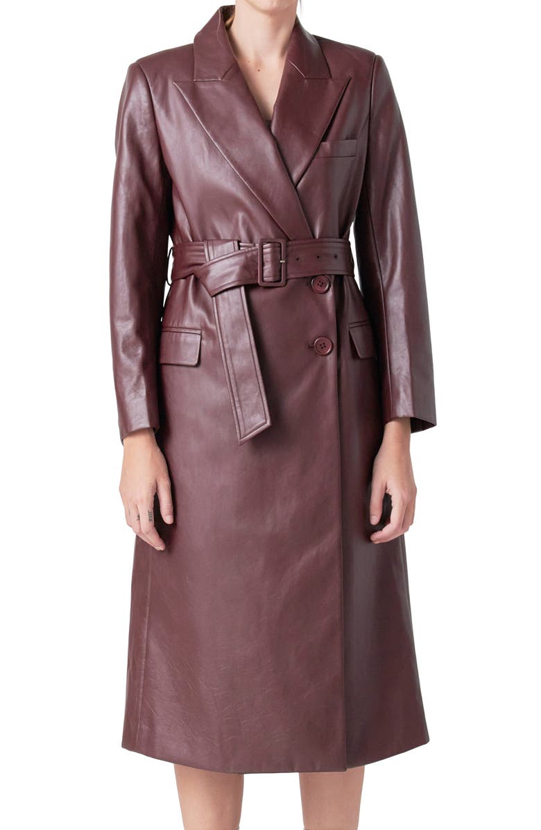 Endless Rose Faux Leather Belted Trench Coat, Alternate, color, Burgundy