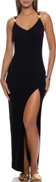 Luli Fama Gilded Butterfly Fitted Side Slit Maxi Dress