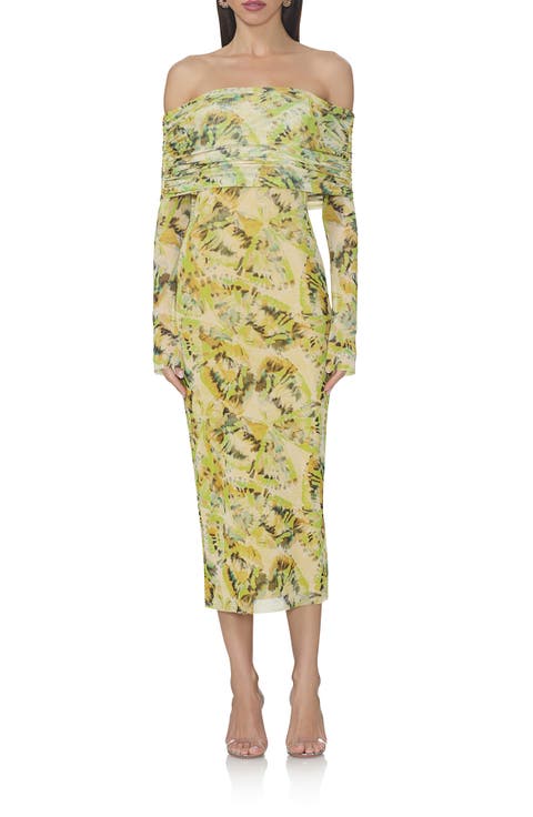 Cornelia Off the Shoulder Long Sleeve Mesh Midi Dress